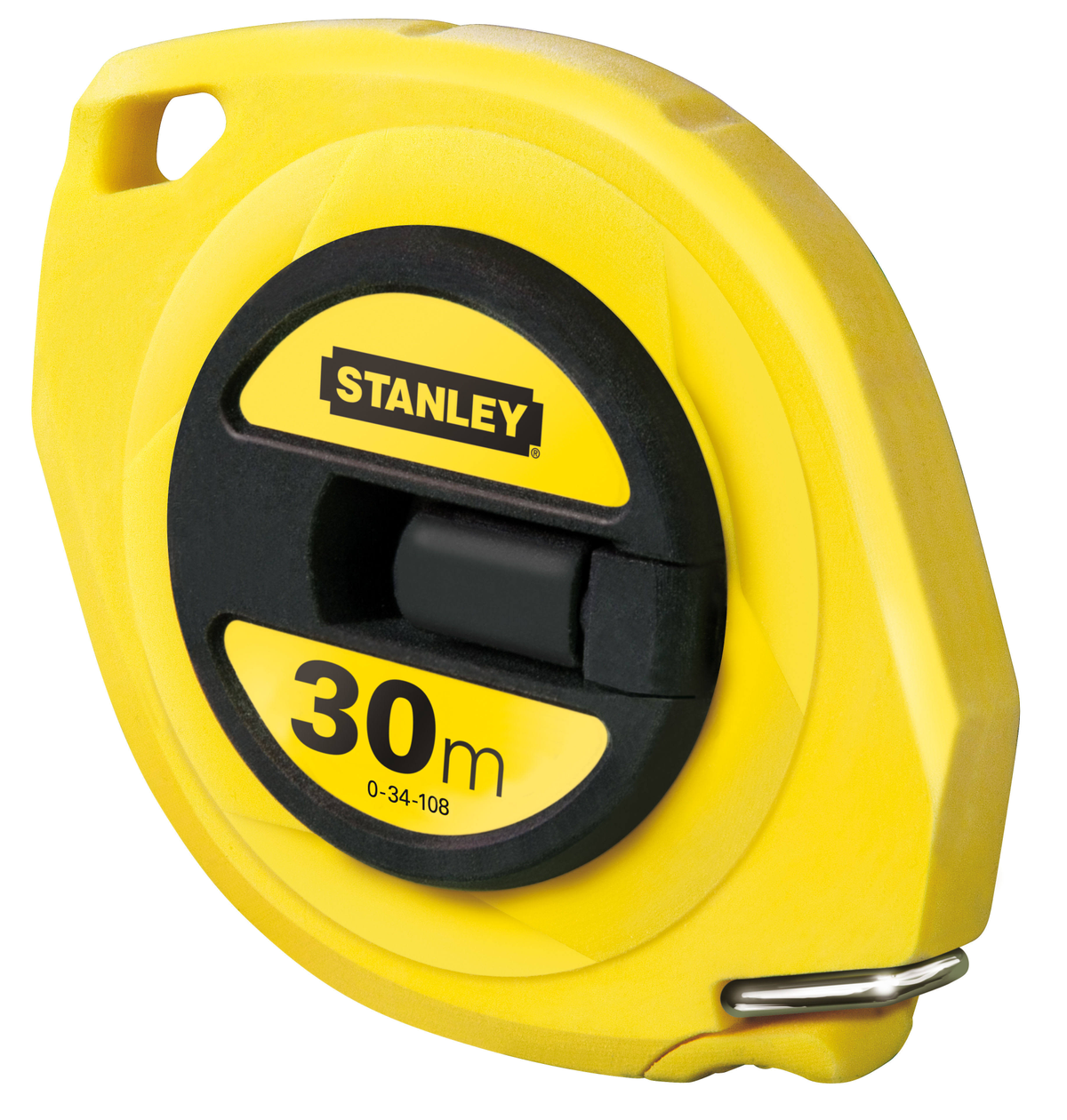 Nastro di misurazione giallo Stanley, centro nero, testo bianco e anello metallico.