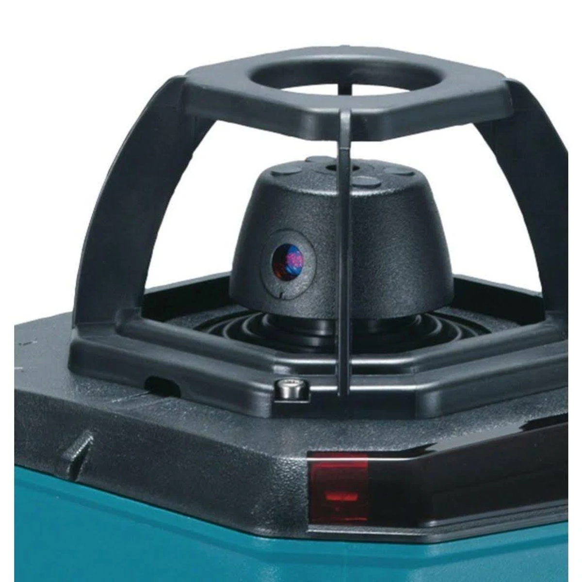 Ein schwarzes und türkisfarbenes Laser-Nivelliergerät mit rotem Strahl und Schutzrahmen.