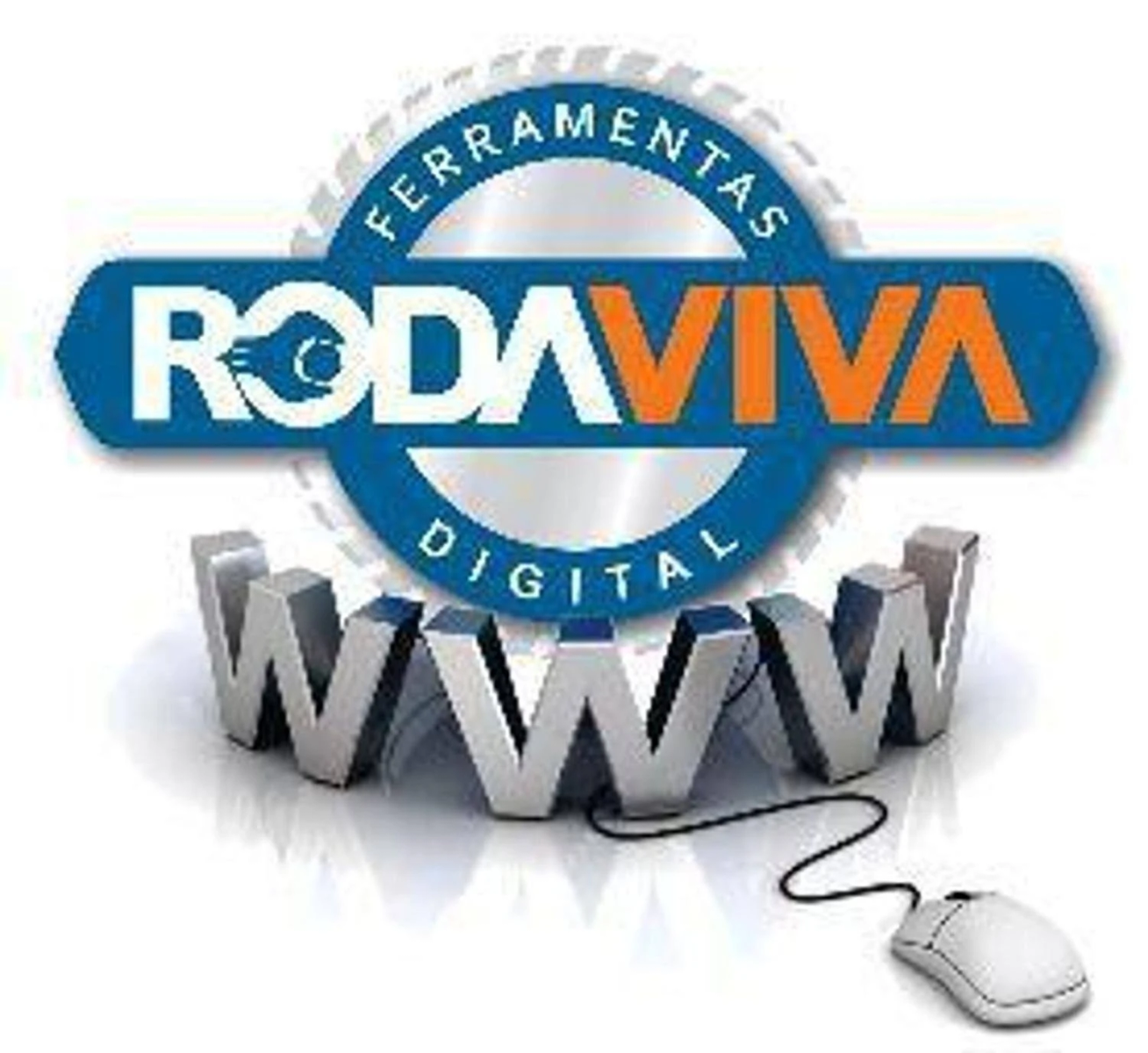 Logo von Rodaviva Ferramentas Digital. Blauer Kreis, weißer Text und eine WWW-Grafik mit Maus.