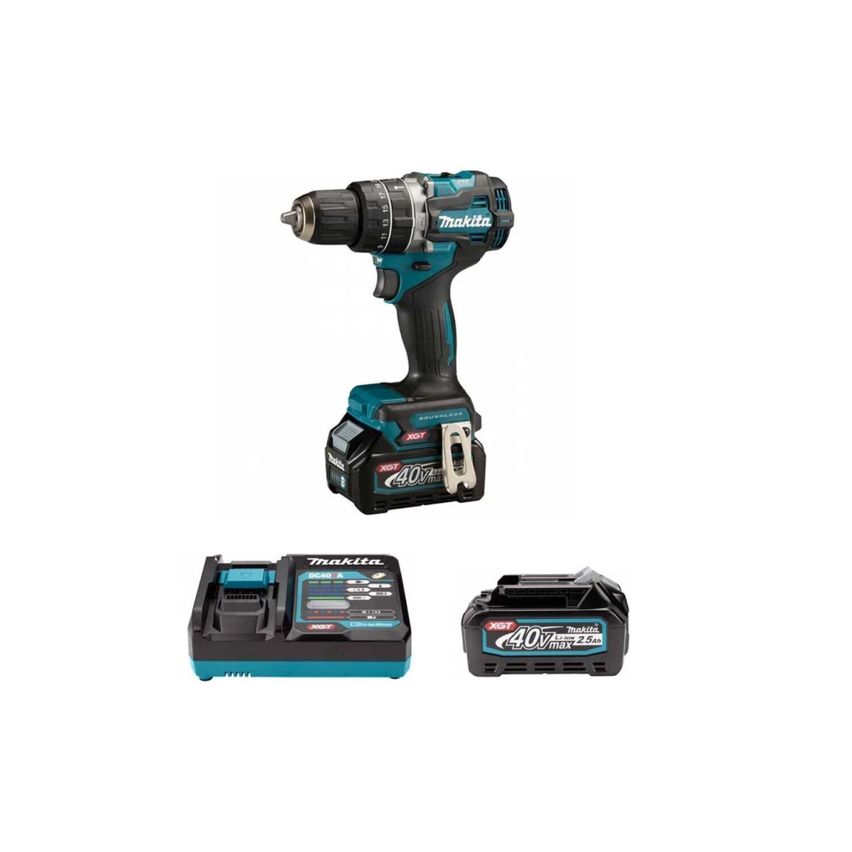 Taladro inalámbrico con batería, cargador y batería extra, todo de la marca Makita. Negro y azul.
