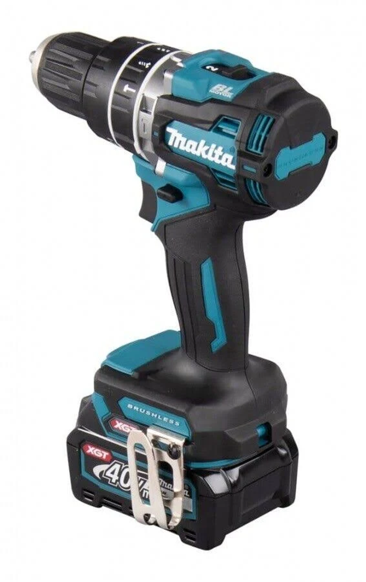 Taladro inalámbrico Makita, negro y verde azulado, con batería.