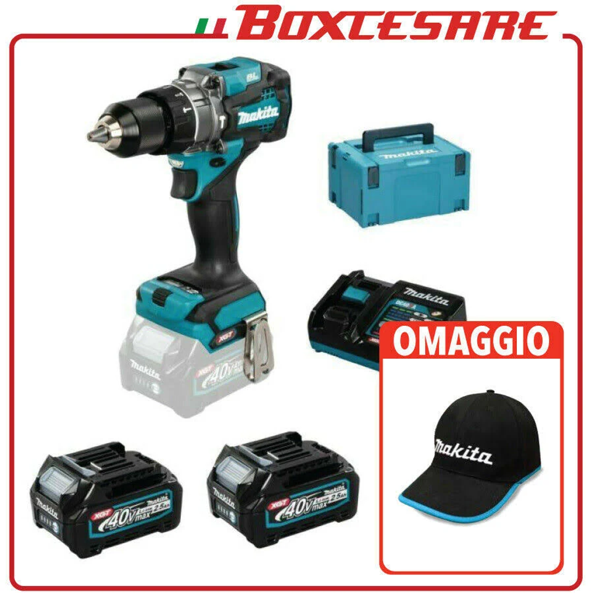 Taladro, baterías, cargador y gorra, con la marca Makita.