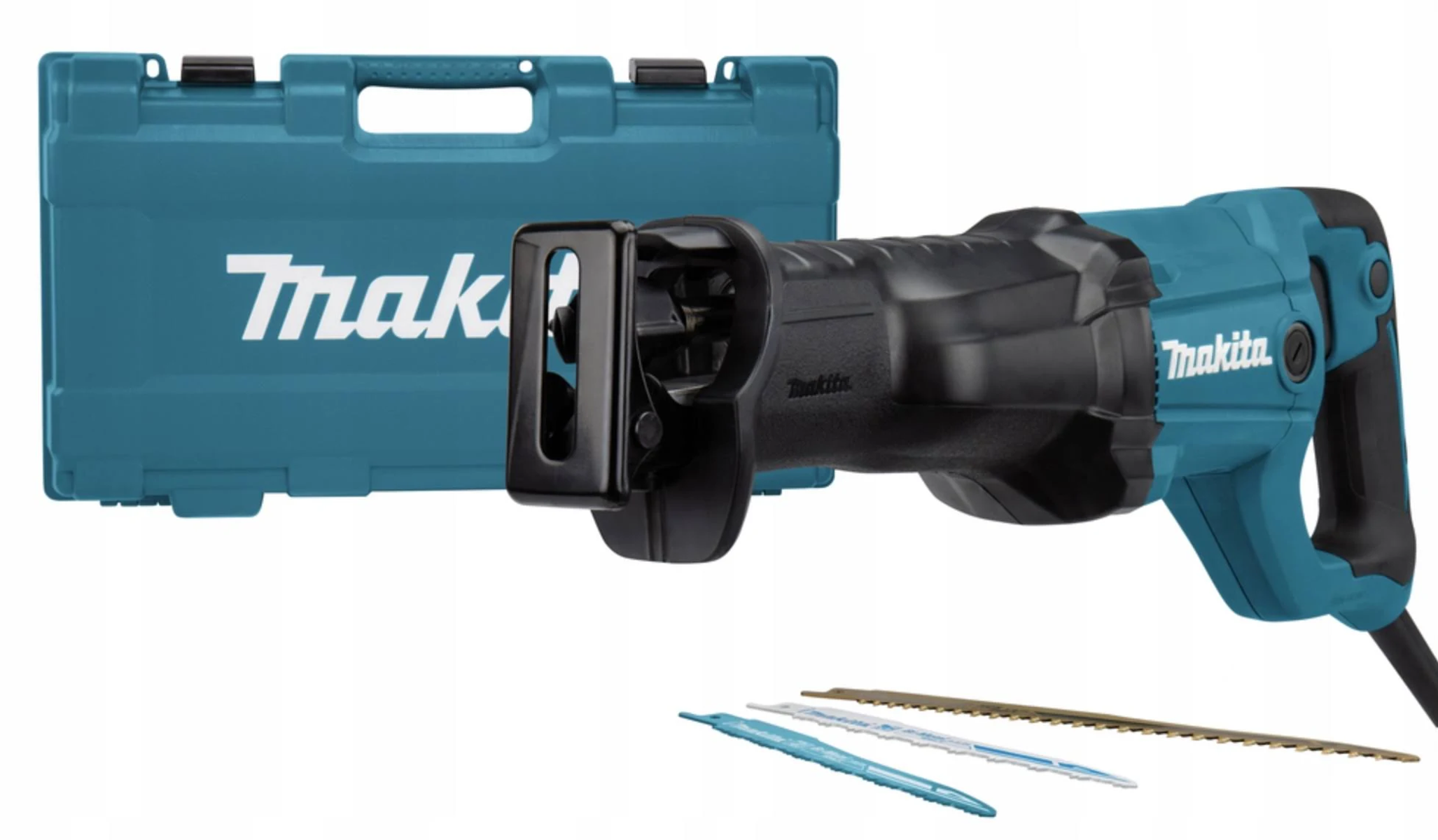 Niebieska piła szablasta Makita z niebieską walizką i trzema brzeszczotami.