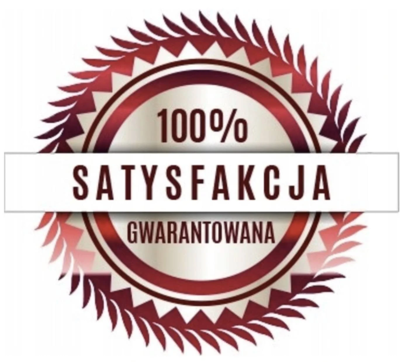 Czerwono-biała odznaka z napisem '100% satysfakcji gwarantowanej' po polsku.