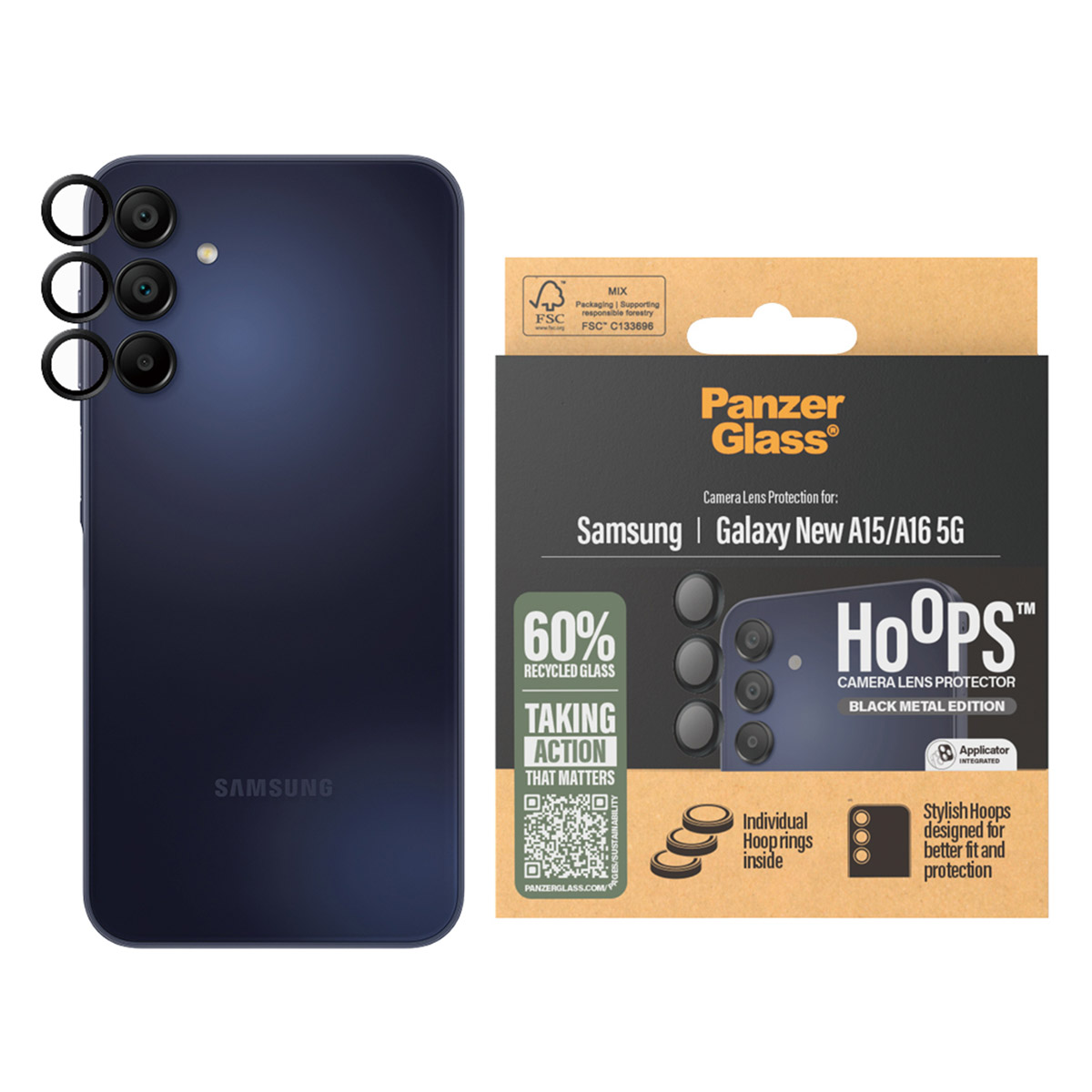 Telefono Samsung blu navy con scatola di protezione dell'obiettivo.