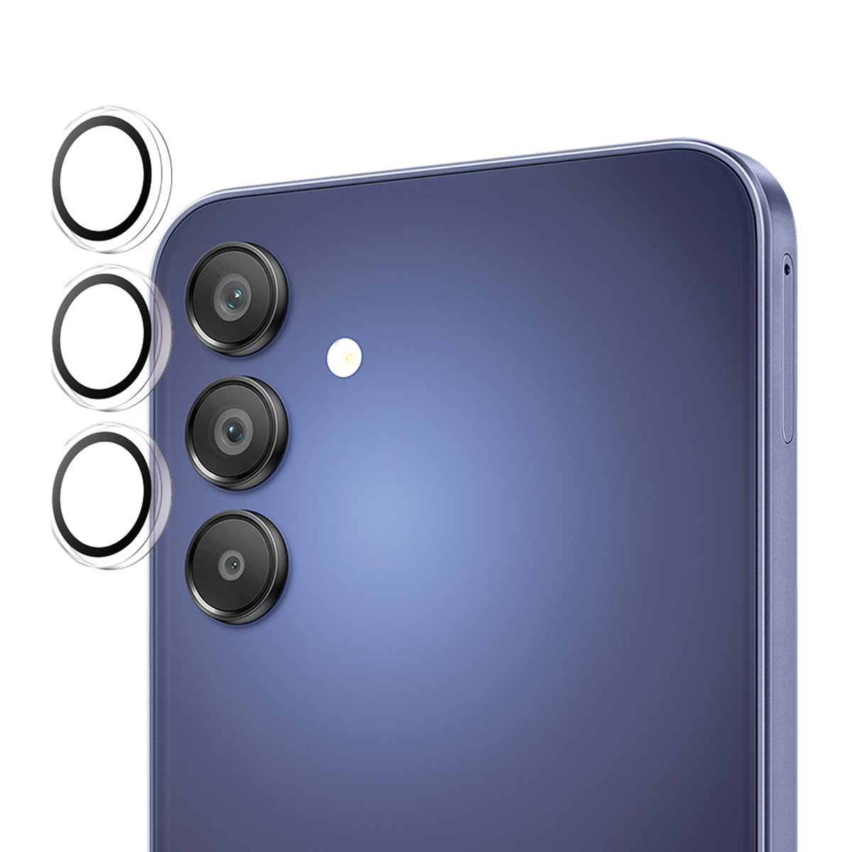 Blauwe smartphone-achterkant met drie cameralensbeschermers boven de cameralenzen.