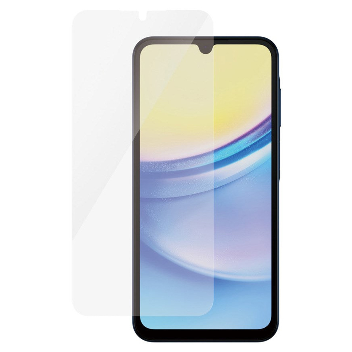 Uno smartphone con una protezione per lo schermo applicata, accanto alla protezione inutilizzata. Il telefono ha uno schermo giallo.