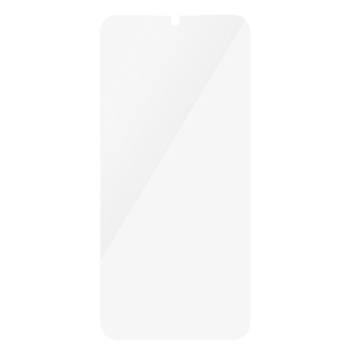 Proteggi schermo trasparente per smartphone, sfondo bianco. Riflesso diagonale della luce.