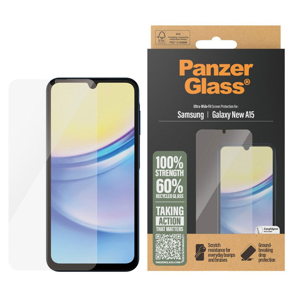 Scatola protezione schermo con telefono e protezione. Testo: 100% resistenza, vetro riciclato, antigraffio.