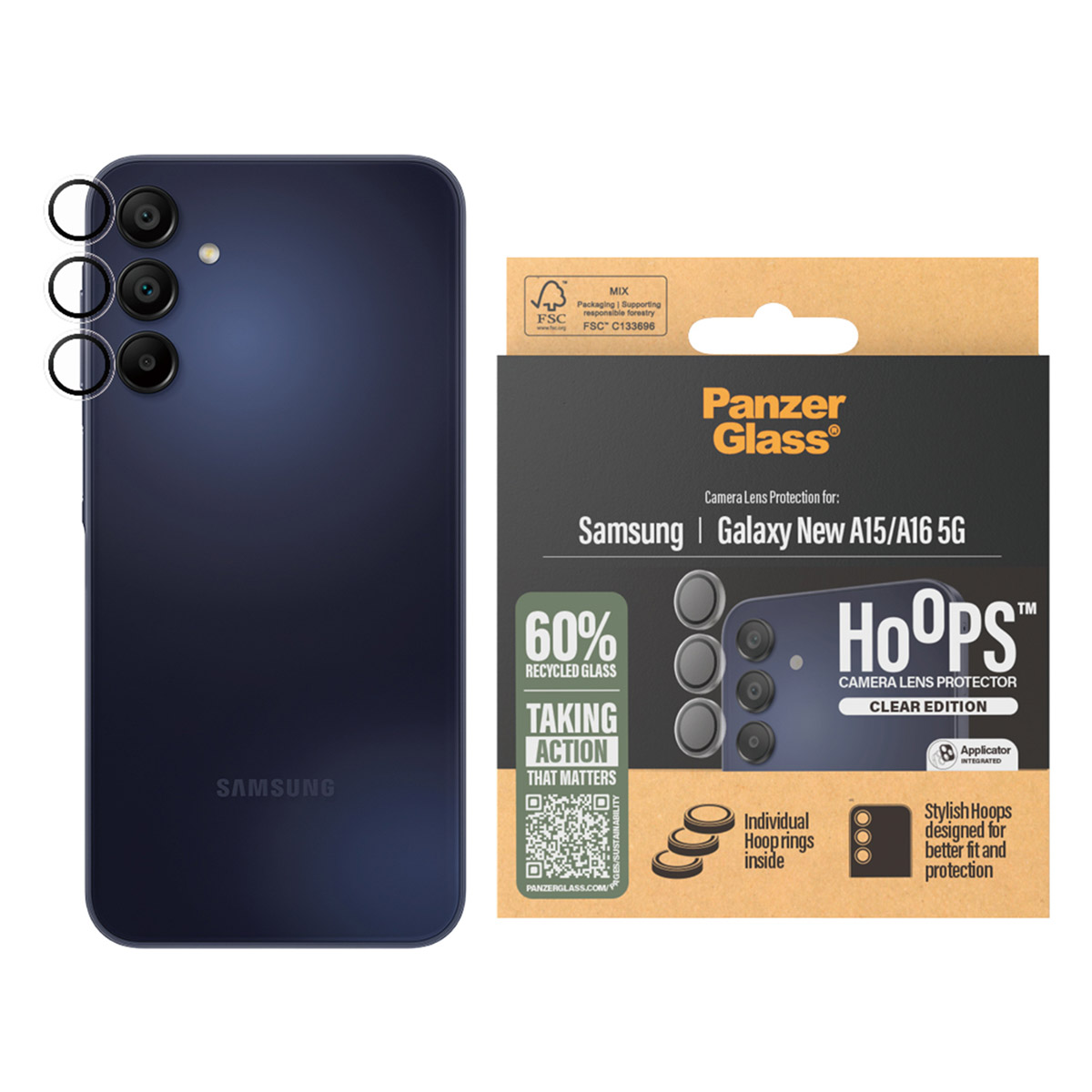 Een blauwe telefoon met lensbeschermers en een PanzerGlass-verpakking, met een telefoonafbeelding.