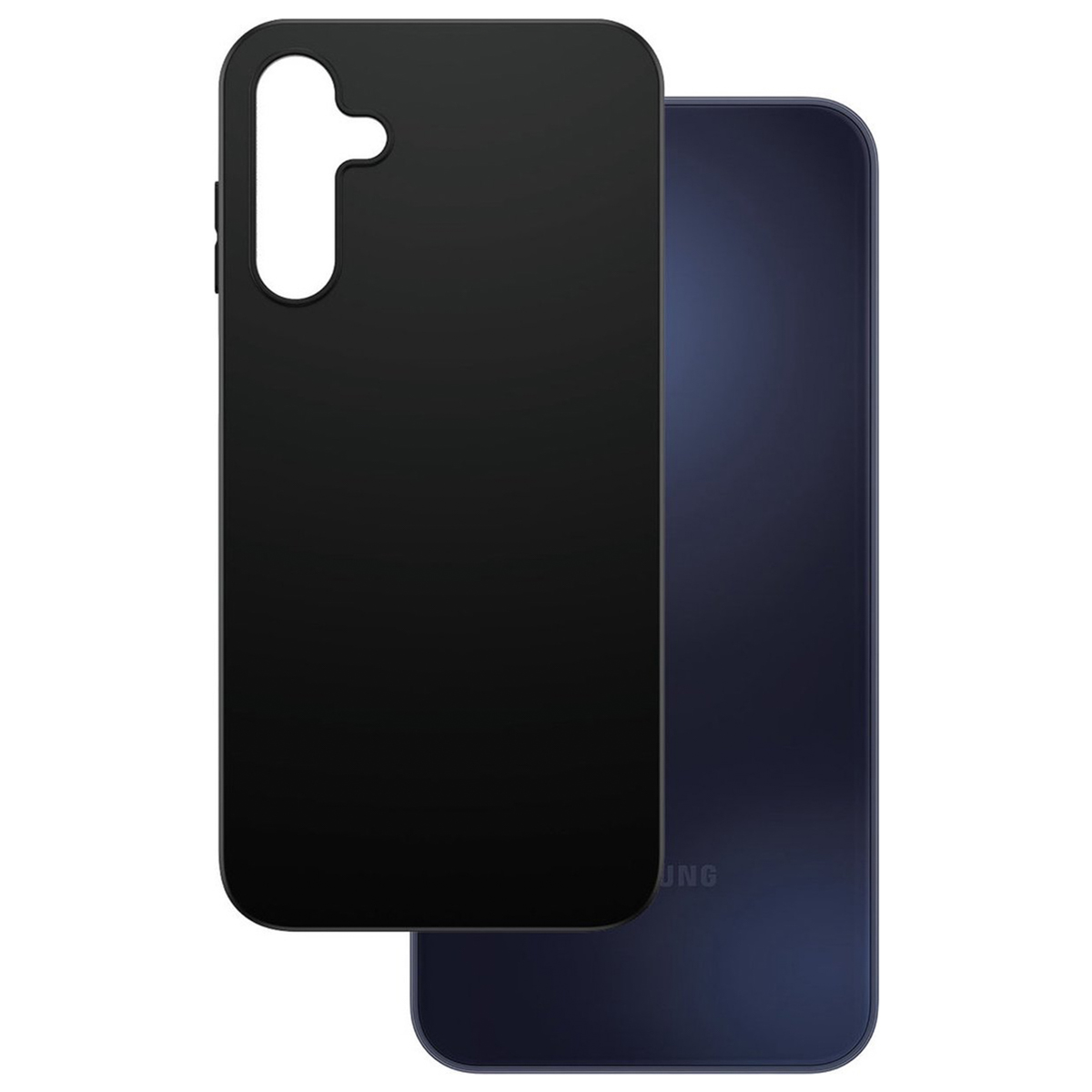 Schwarze Handyhülle auf einem blauen Telefon. Schwarze Hülle mit Kameraausschnitt.