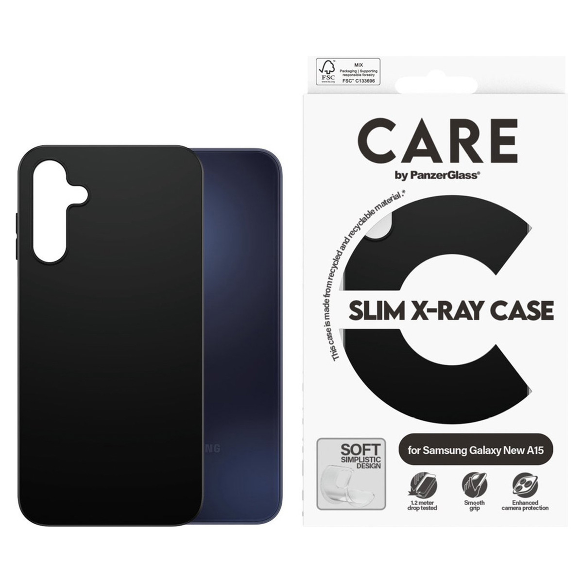 Schwarze Handyhülle neben einem Handy. Rechts eine Box. Die Hülle sagt 'SLIM X-RAY CASE'.