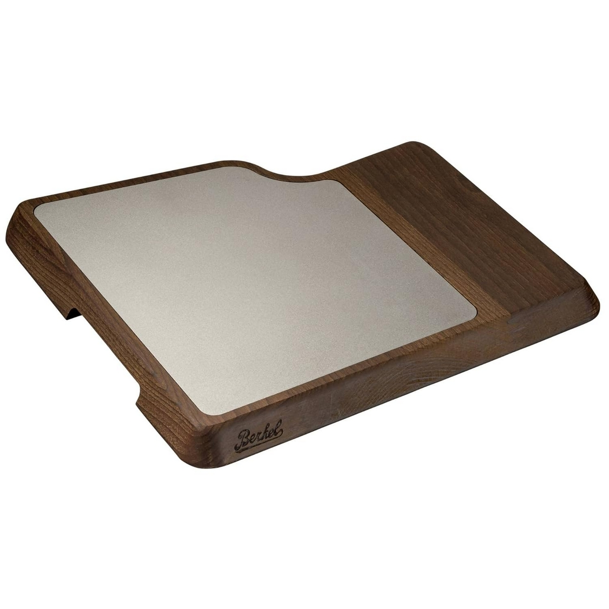 Tagliere in legno con inserto metallico al centro, logo Berkel sul lato.