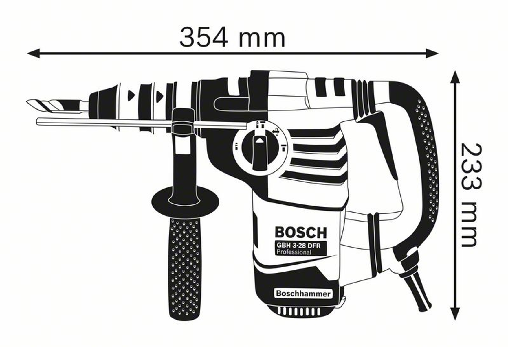 Czarno-biały rysunek linii młota udarowego Bosch GBH 3-28 DFR z wymiarami.