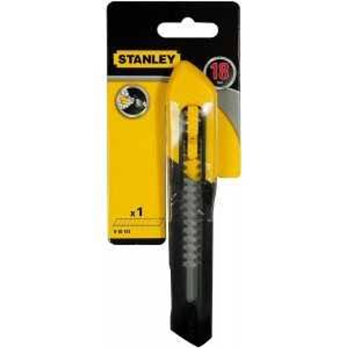 Gelbes Stanley-Messer in Verpackung. Schwarze Details. Weißer Hintergrund.