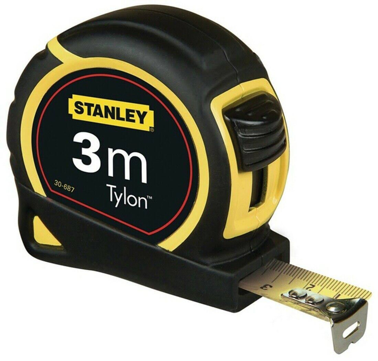 Ein schwarz-gelbes Stanley 3m Tylon-Maßband auf weißem Hintergrund.