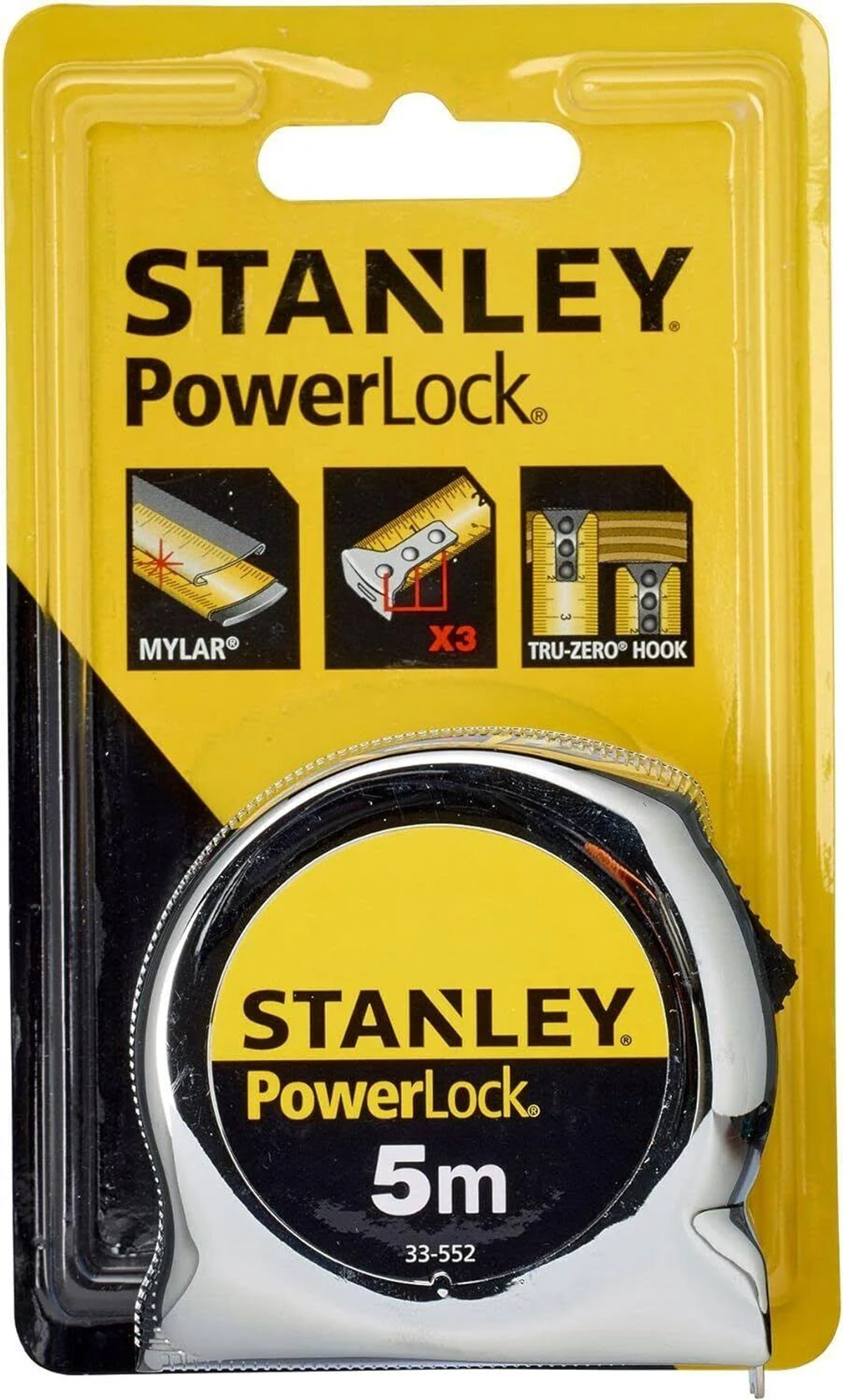 Miara taśmowa Stanley PowerLock w żółtym opakowaniu, pokazująca taśmę i funkcje.