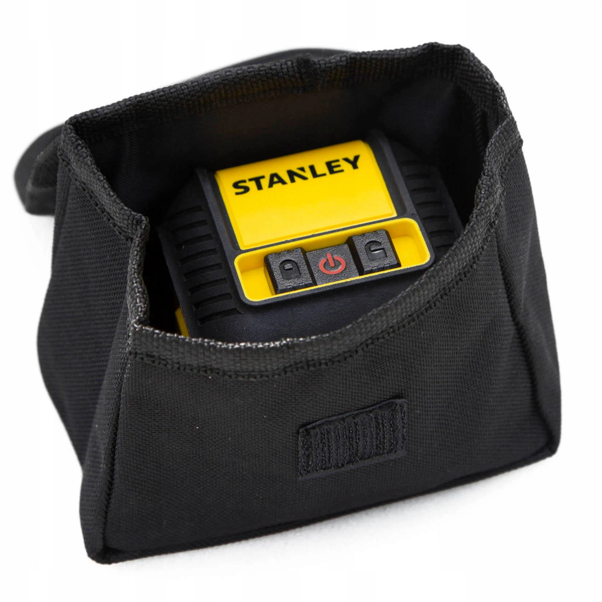 Żółty poziom laserowy Stanley w czarnym etui, pokazujący przyciski włączania/wyłączania.