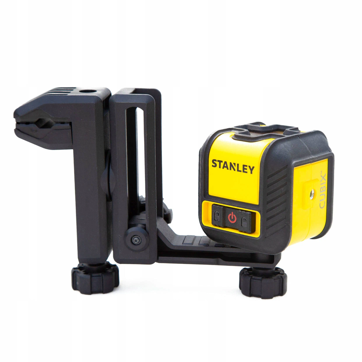 Żółto-czarna poziomica laserowa Stanley Cubix zamontowana na czarnym wsporniku z regulowanymi nogami.