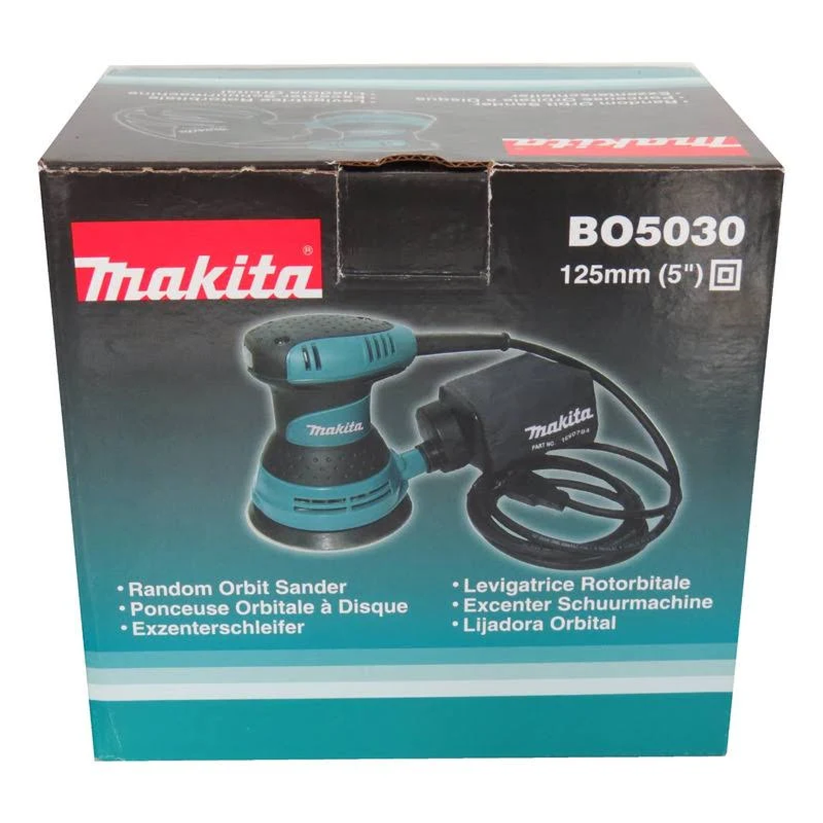 Lijadora orbital Makita con caja, negra y turquesa.