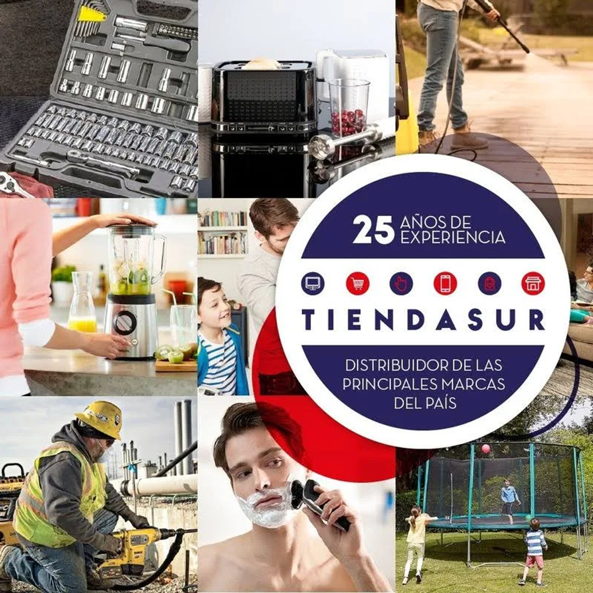 Collage de artículos, incluyendo herramientas, electrodomésticos y personas. Fondo blanco.