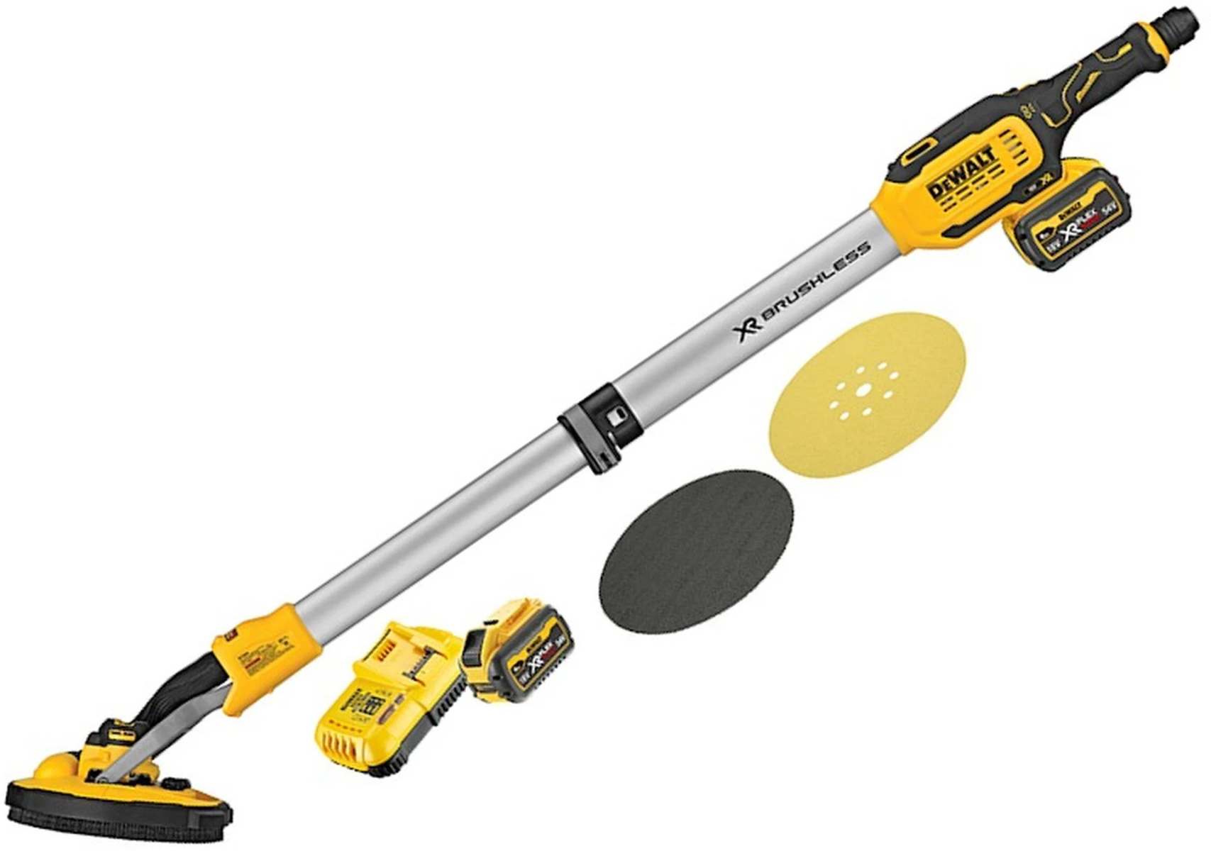 Una lijadora DeWalt amarilla y negra con varios accesorios y baterías.