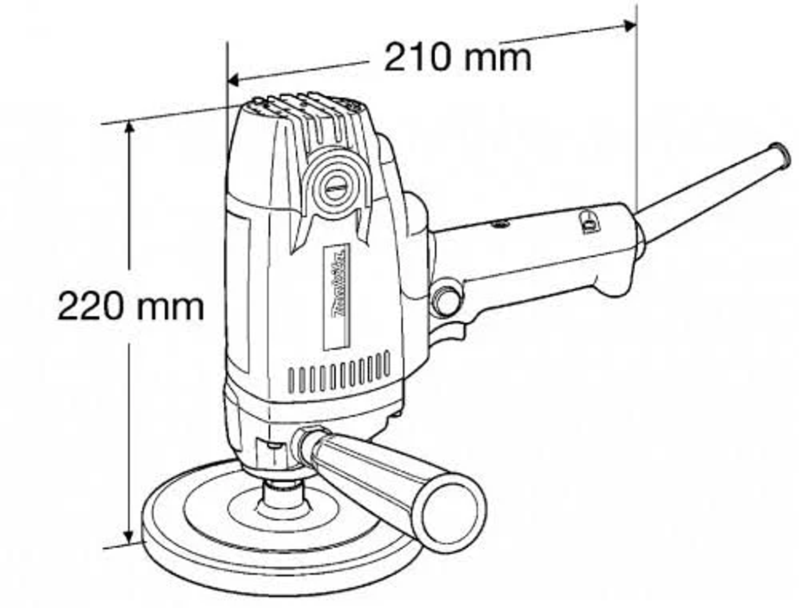 Dibujo lineal de lijadora Makita. Dimensiones indicadas con flechas. Fondo blanco.