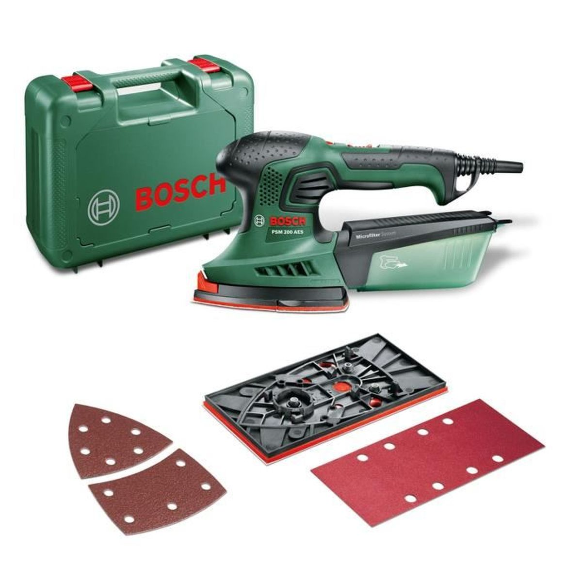 Ponceuse Bosch verte et accessoires : boîte, tampons de ponçage et un filtre.