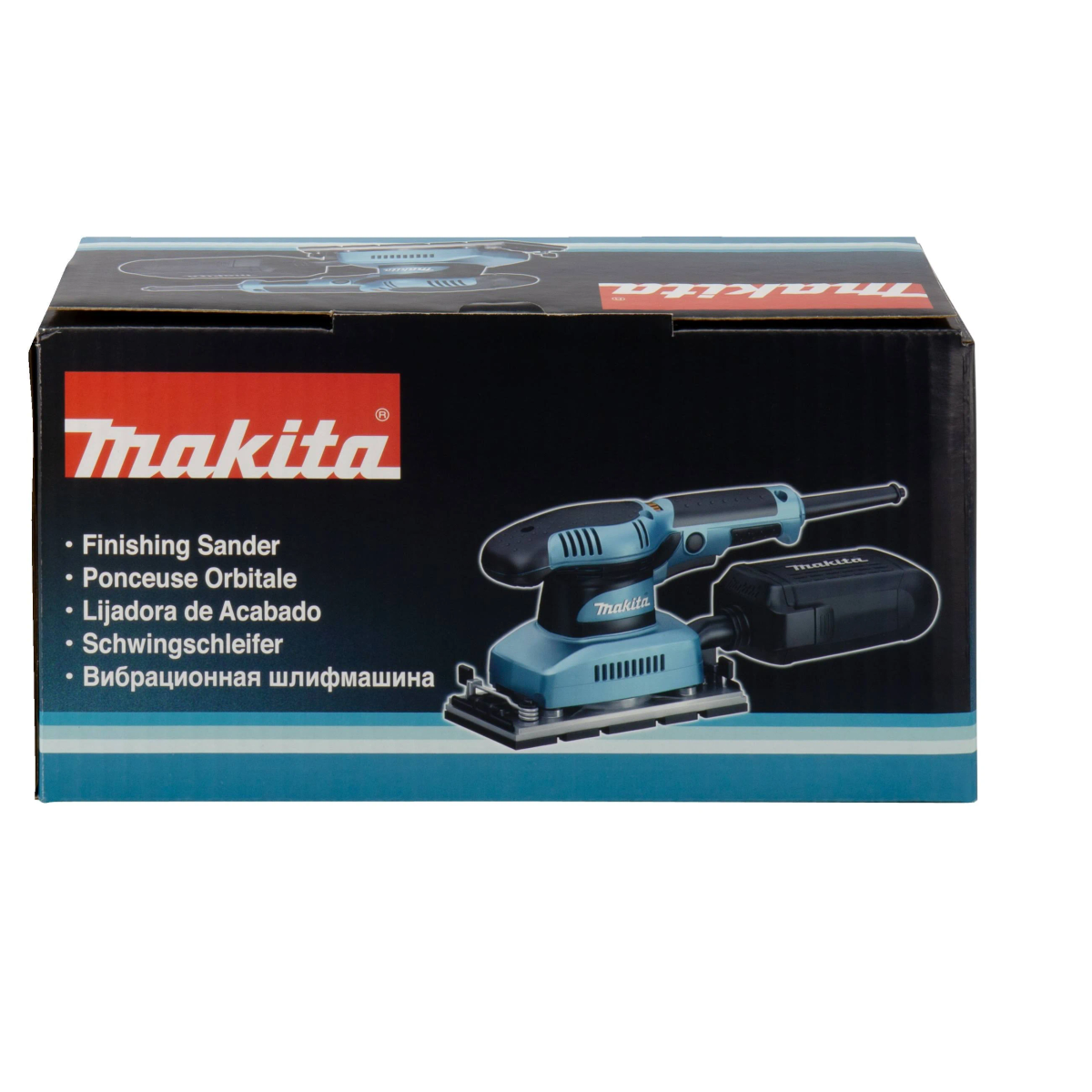 Eine Schachtel eines Makita-Finish-Sanders mit Text in mehreren Sprachen.
