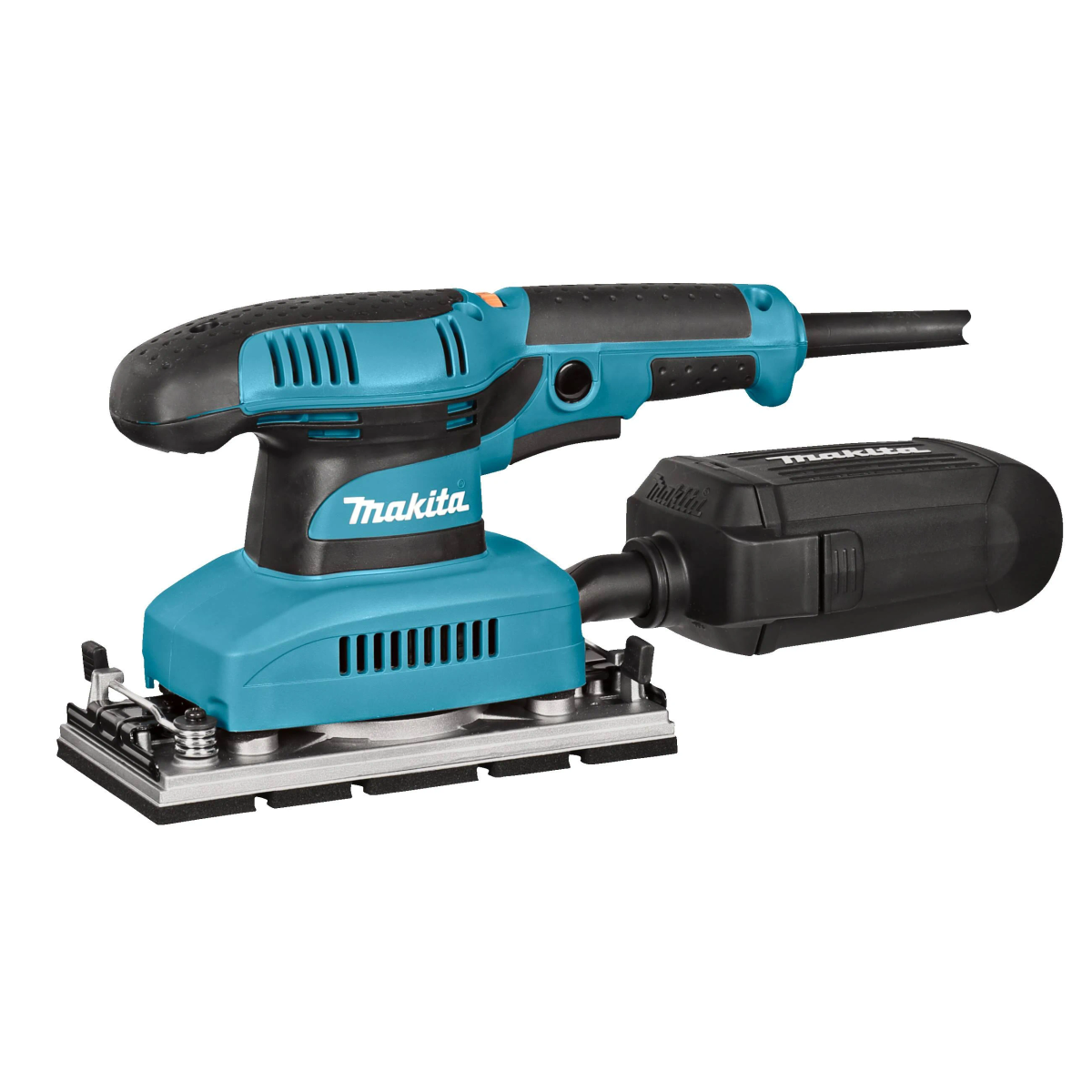 Makita Exzenterschleifer, türkis und schwarz. Draufsicht, mit Staubfänger.
