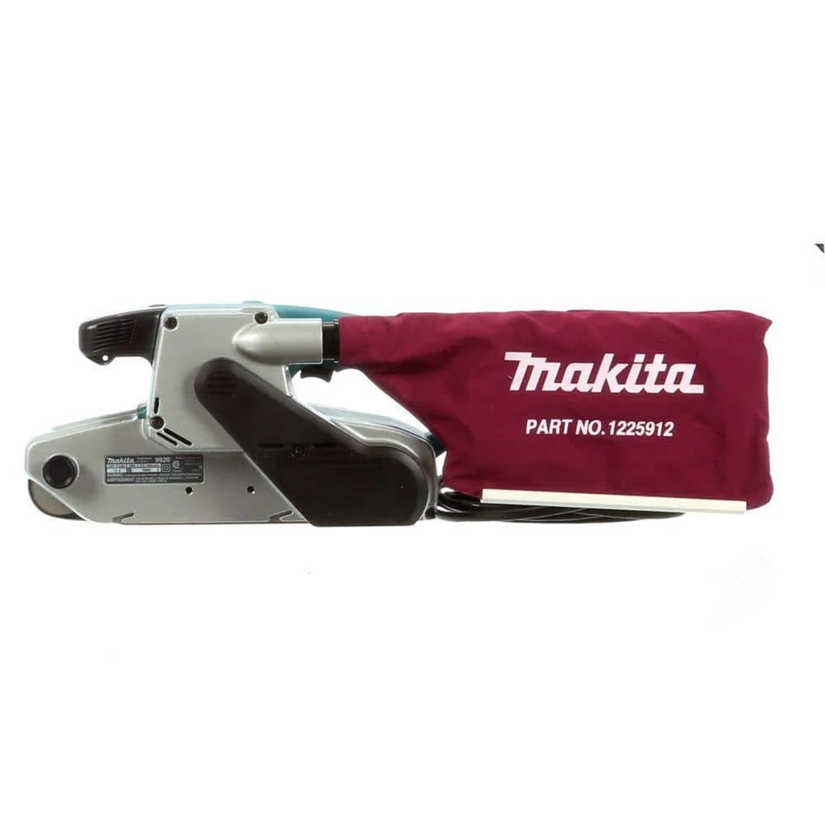 Lijadora de banda Makita con bolsa de polvo roja. La lijadora es plateada y negra, con el logo Makita.