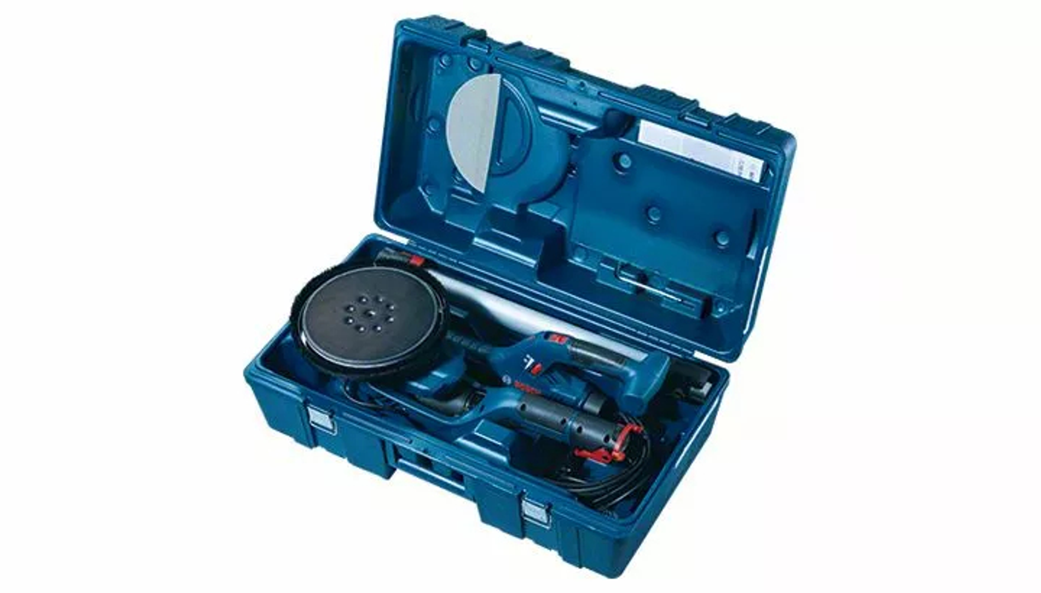 Ponceuse à cloison sèche Bosch dans un étui bleu. Les accessoires et les outils sont visibles à l'intérieur.