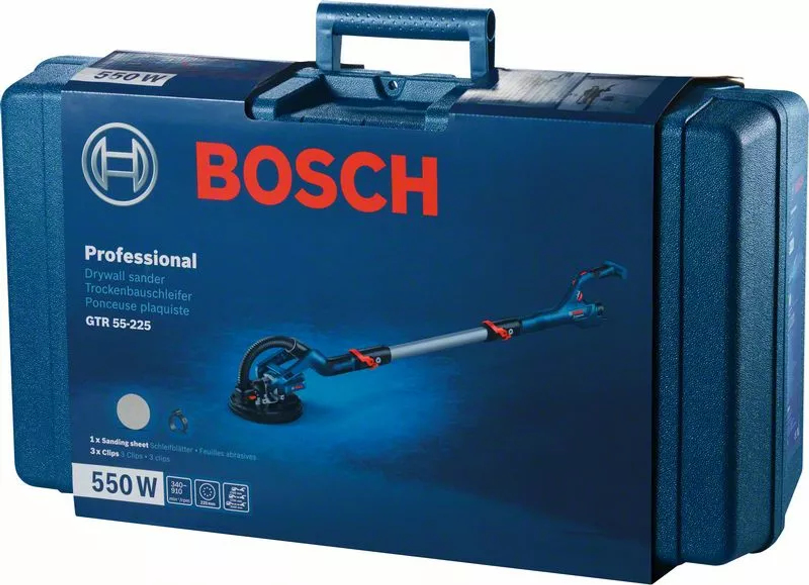 Ponceuse à cloison sèche Bosch dans un étui bleu. Texte sur la boîte '550W'.