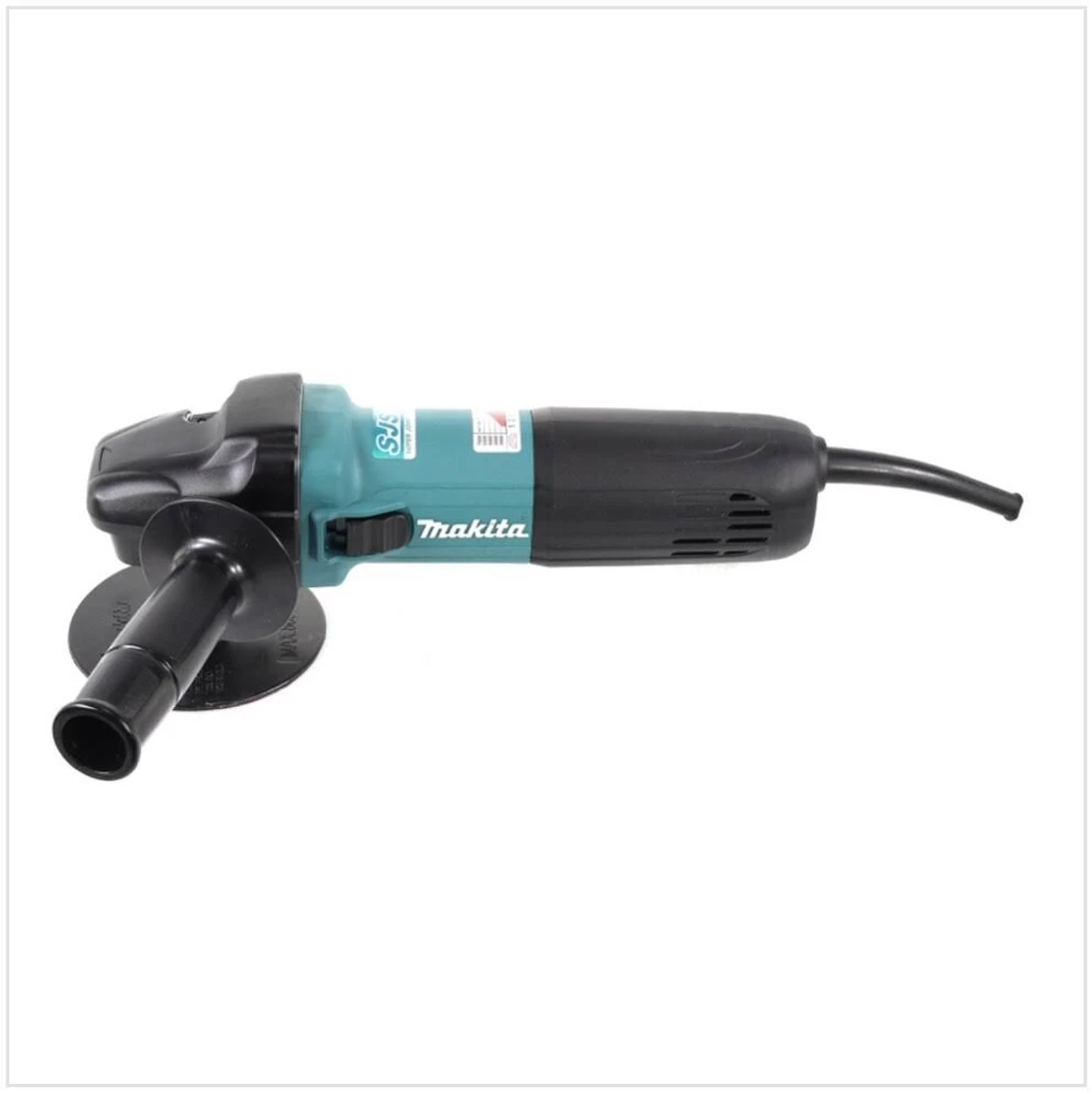 Amoladora angular Makita sobre fondo blanco, mango y cuerpo negros con detalles turquesa.