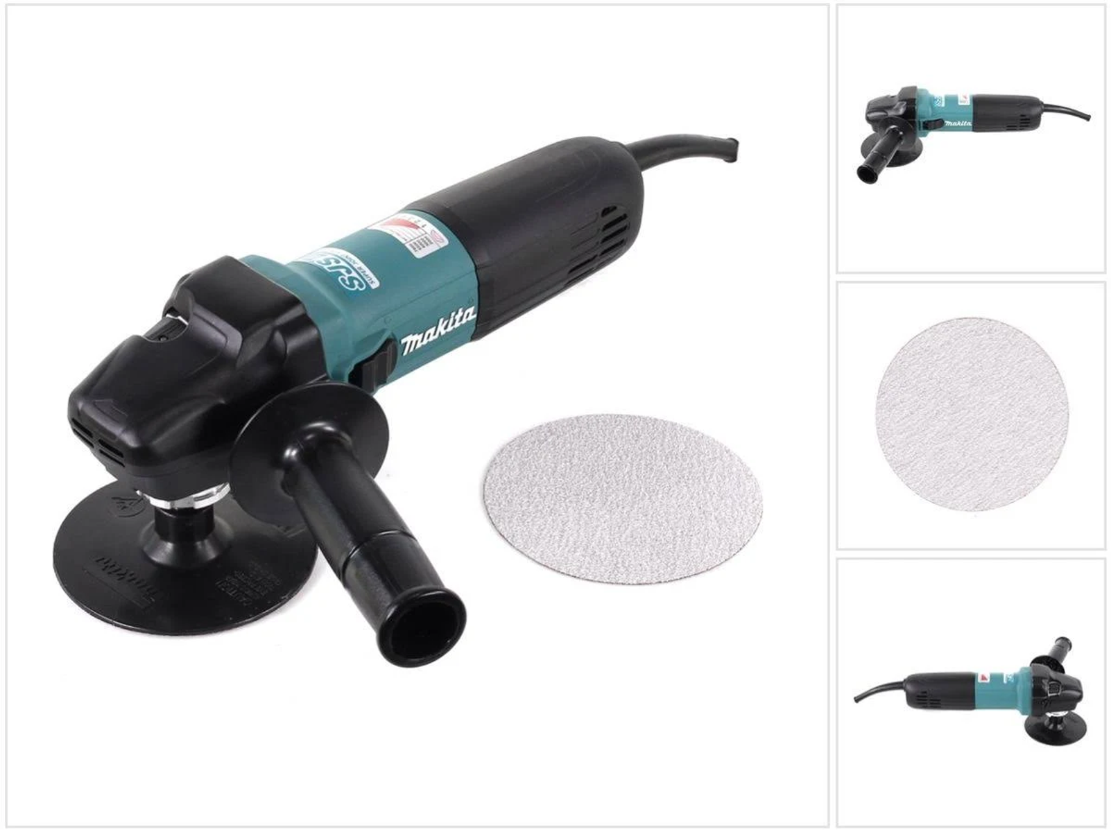 Amoladora Makita negra y turquesa con accesorios. Vistas adicionales muestran amoladora y discos.