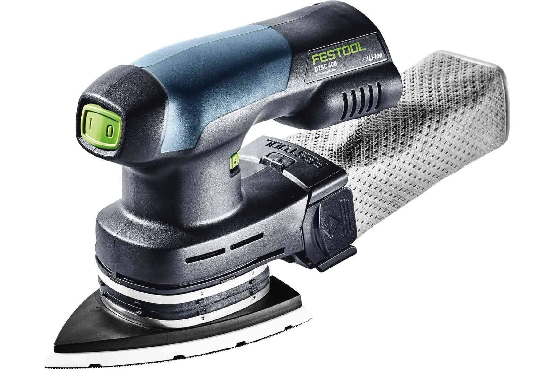 Levigatrice Festool nera e turchese, sfondo bianco.