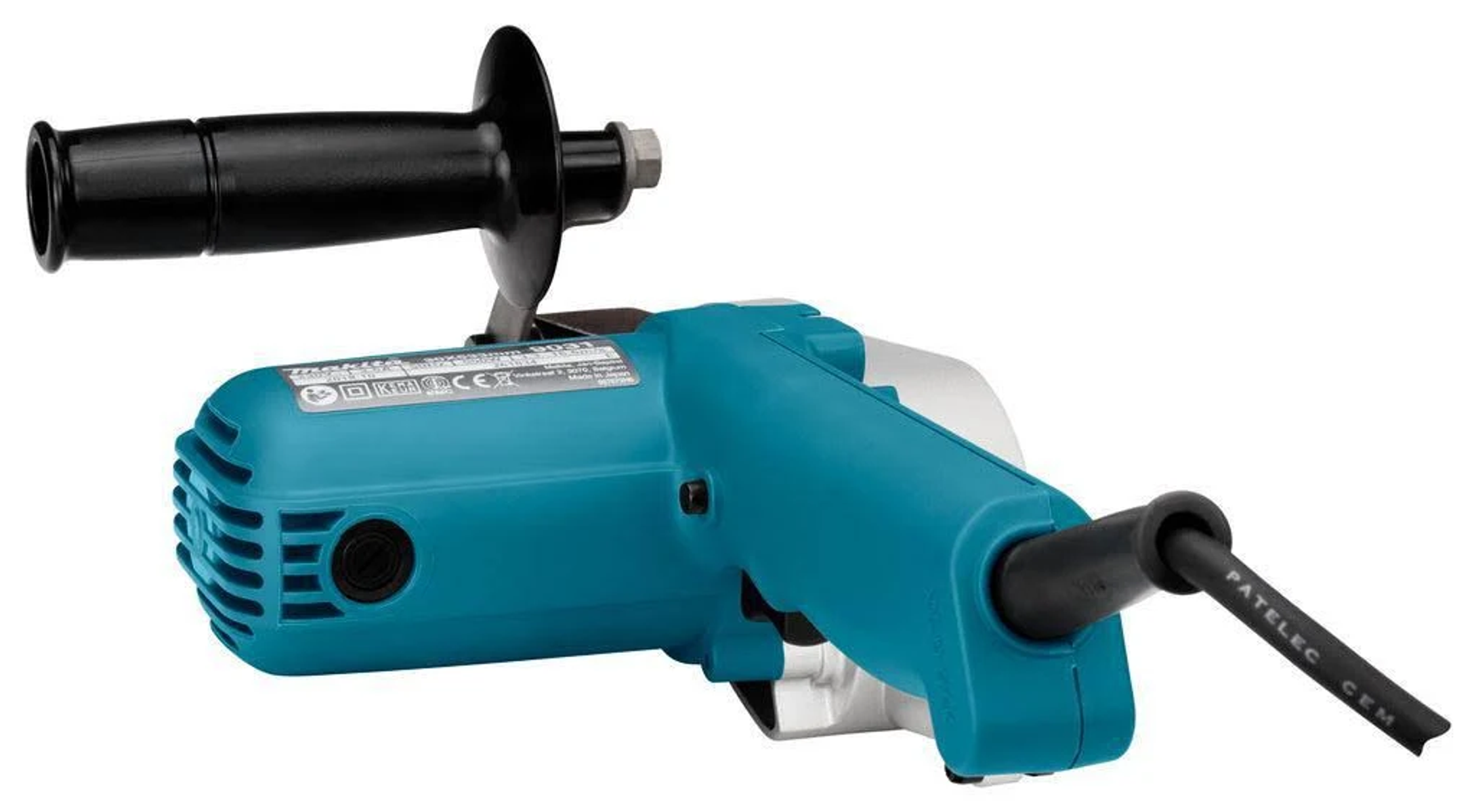 Ein blaues und türkisfarbenes Makita-Elektrowerkzeug mit schwarzem Griff.
