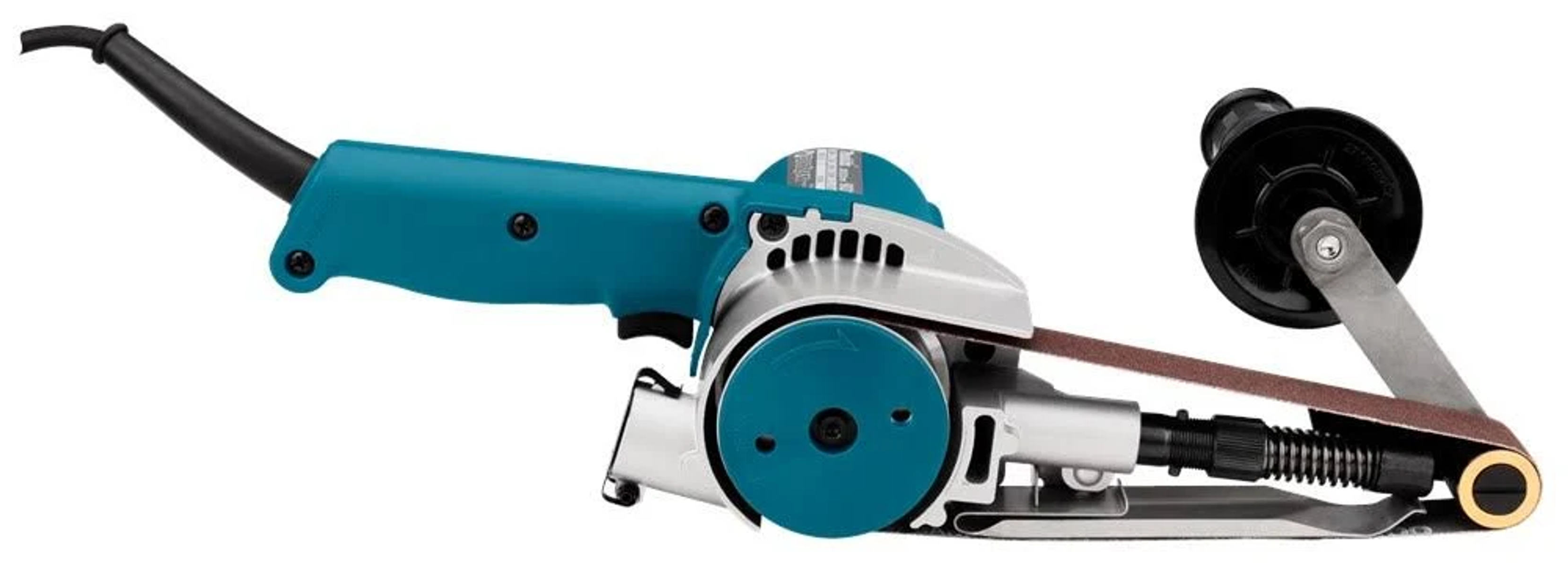 Blau-schwarzer Makita-Bandschleifer. Der Schleifer ist von der Seite mit einem sichtbaren Schleifband gezeigt.