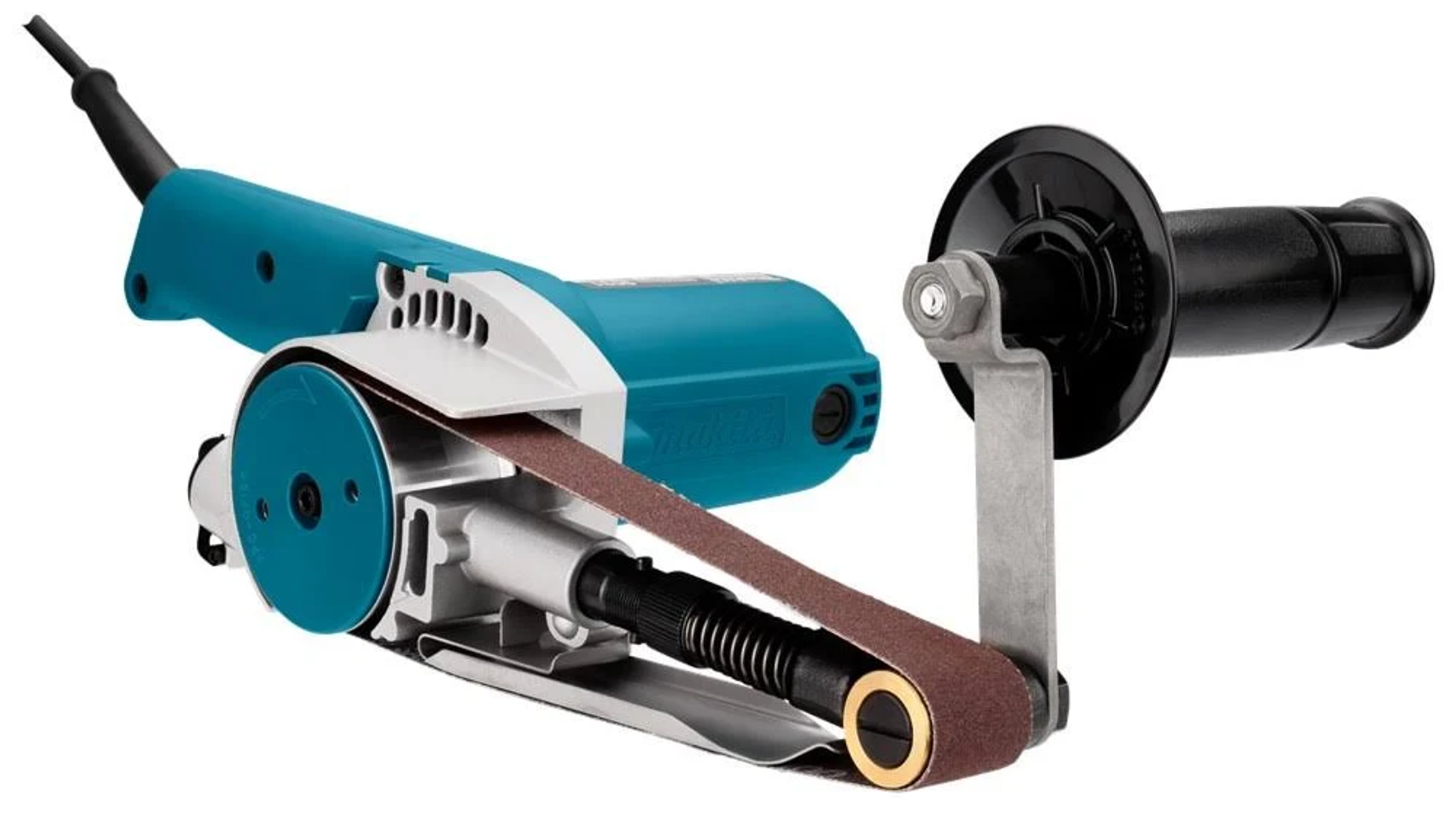 Ein türkis-farbener und weißer Bandschleifer mit einem braunen Schleifband und einem schwarzen Griff, isoliert.