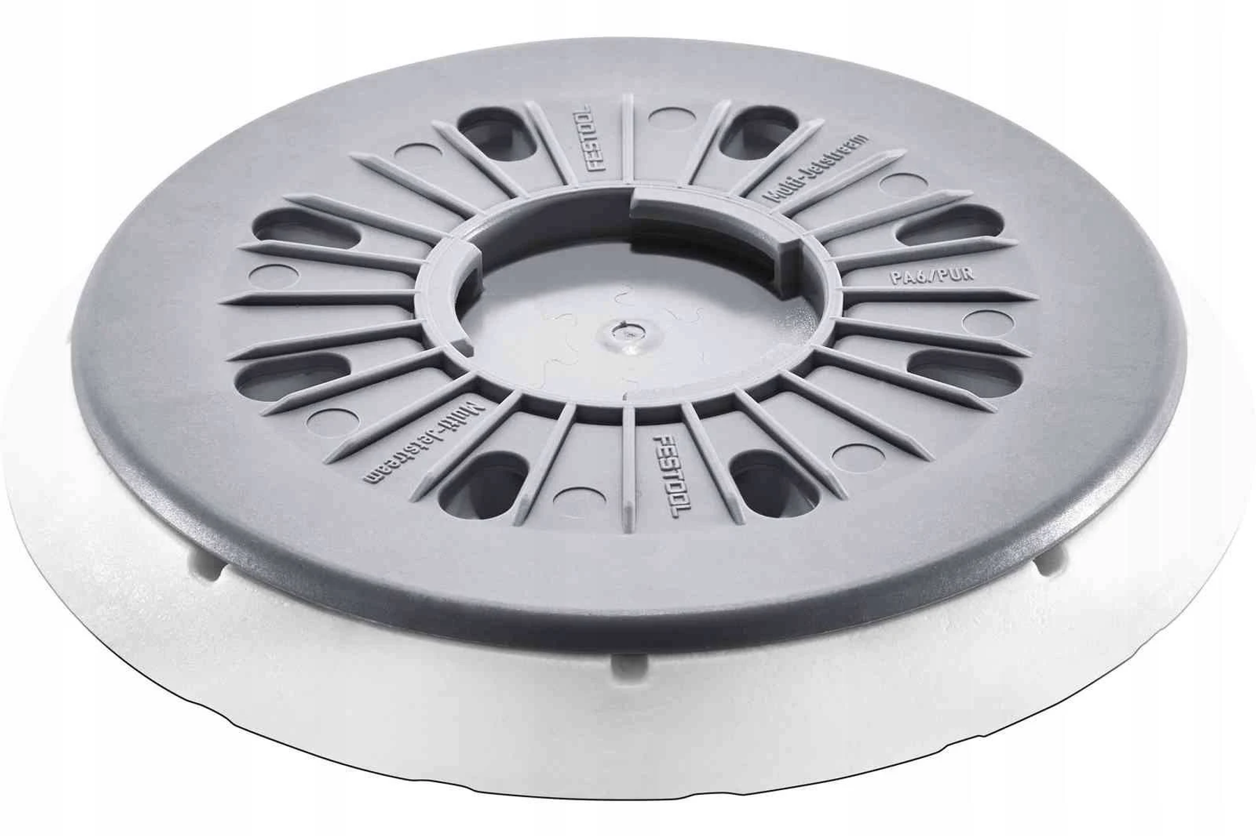 Un disco de lijado gris con una superficie estampada. El disco tiene la palabra FESTOOL impresa.