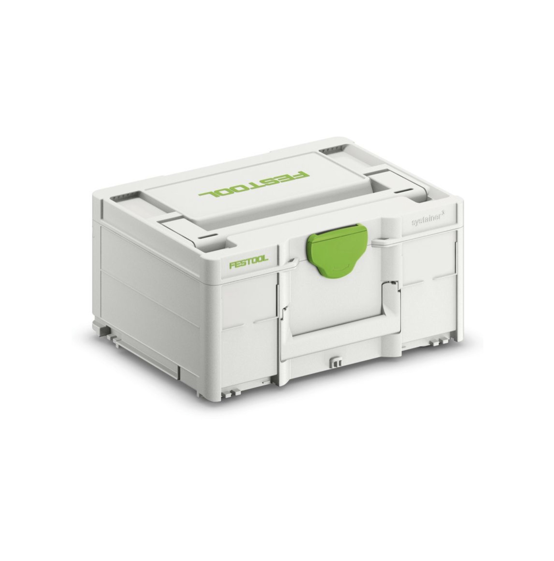 Una caja de almacenamiento Festool Systainer, blanca con asa verde, sobre una superficie blanca.