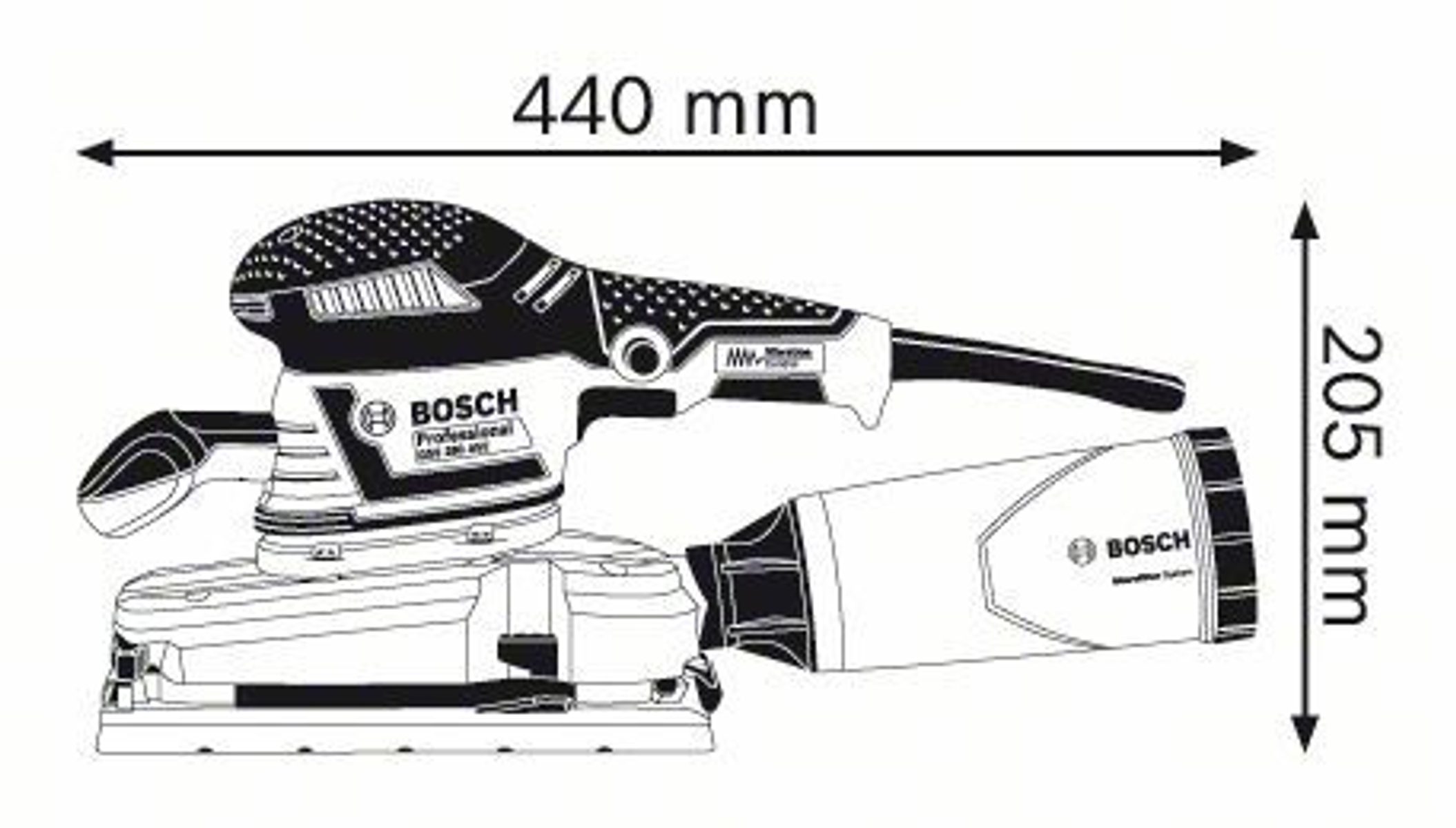 Eine Diagramm einer Schleifmaschine mit Abmessungen. Die Schleifmaschine ist schwarz-weiß, mit Maßen in Millimetern.