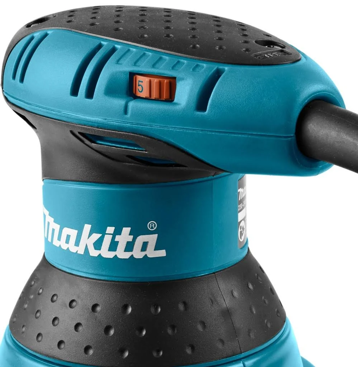 Ein türkis-schwarzer Schleifer mit Makita-Logo und einem orangefarbenen Drehknopf.