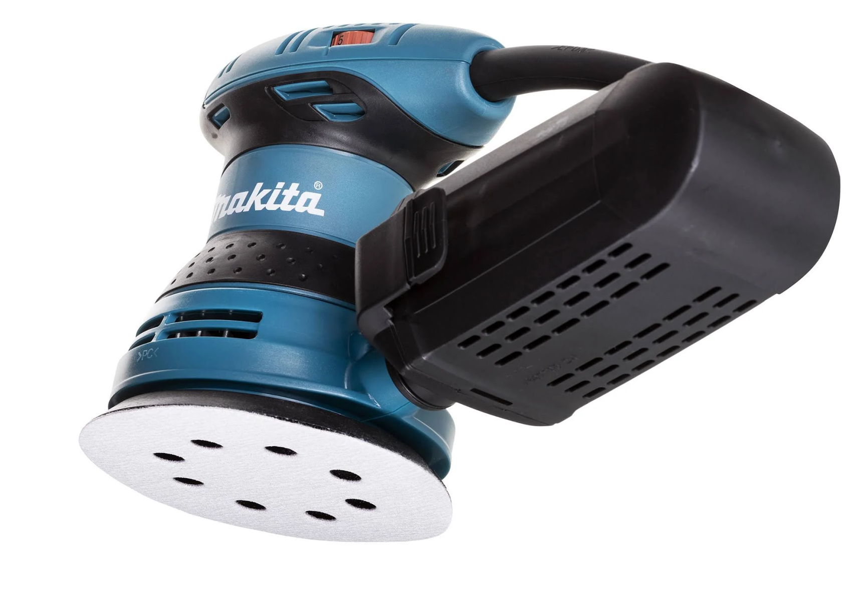 Blau-schwarzer Makita-Schleifer. Der Schleifer hat ein rundes Schleifpad und einen Akkupack.