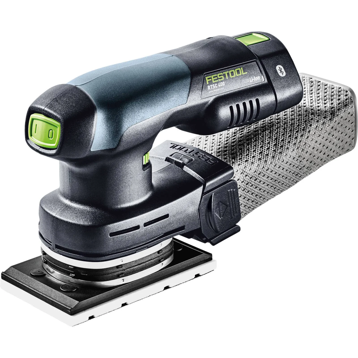 Una levigatrice Festool nera e grigia. Ha un pulsante di accensione verde e un sacchetto per la polvere a rete bianco.
