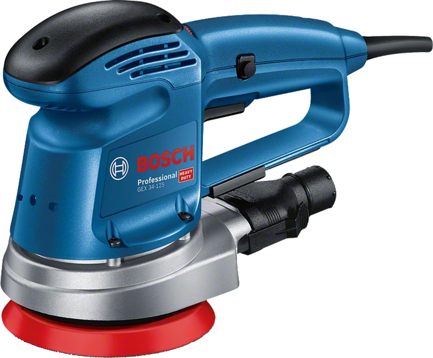 Lijadora Bosch azul y negra con almohadilla roja. Modelo Heavy Duty.