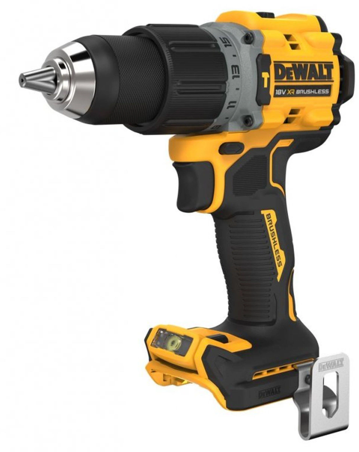 DeWALT Akku-Bohrmaschine, schwarz und gelb, mit silberner Halterung. Seitenansicht.