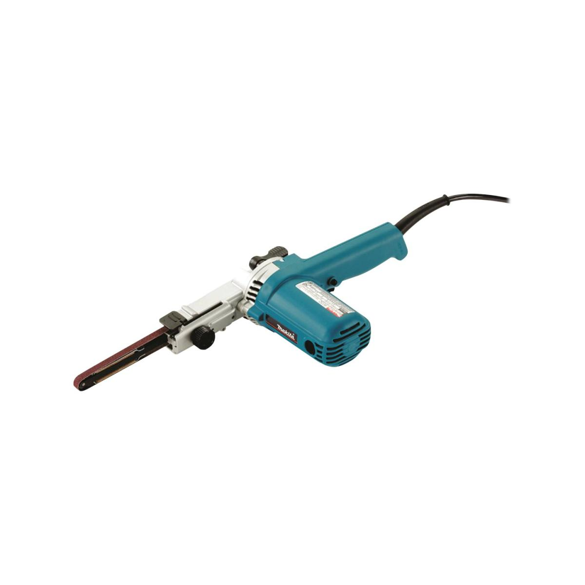 Une ponceuse à bande Makita turquoise et noire sur fond blanc.