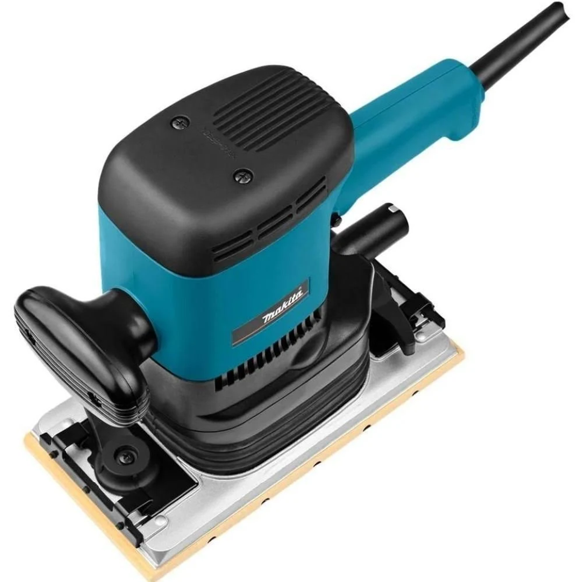 Lijadora Makita, turquesa y negra. Tiene una base de lijado rectangular.