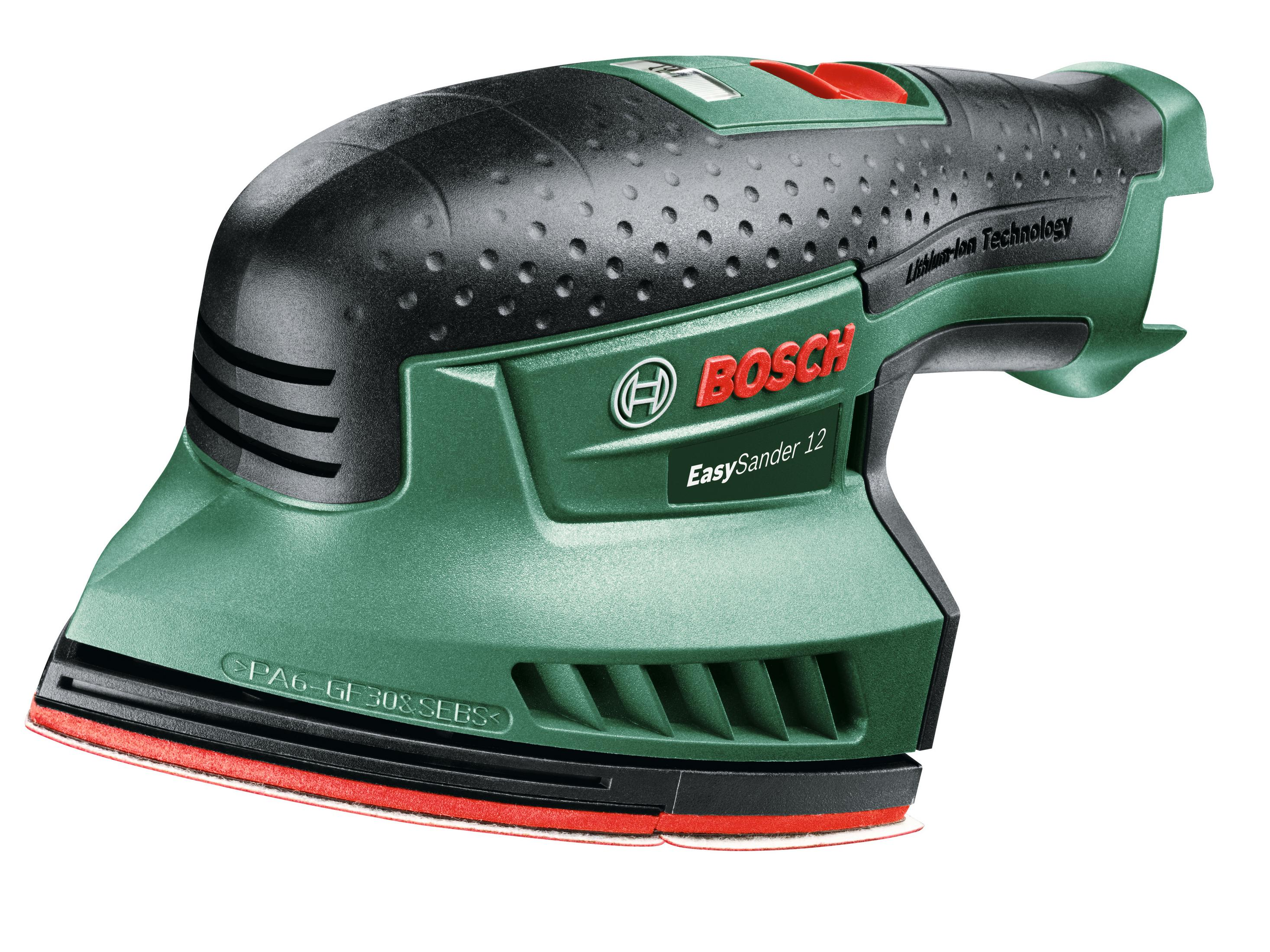 Bosch EasySander 12 vert et noir, avec bouton rouge et poignée verte, isolé sur fond blanc.